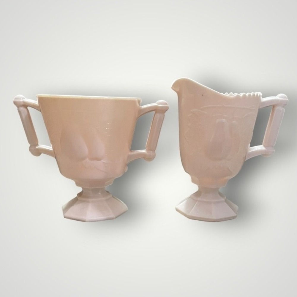 Jeannette Vintage Pink Milk Glass Creamer Sugar Baltimore Pear MCM Shabby Chic